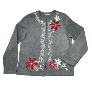 Croft&Barrow Fleece Cardigan Full Zip Top Womens M Gray Extra Soft Embroidered
